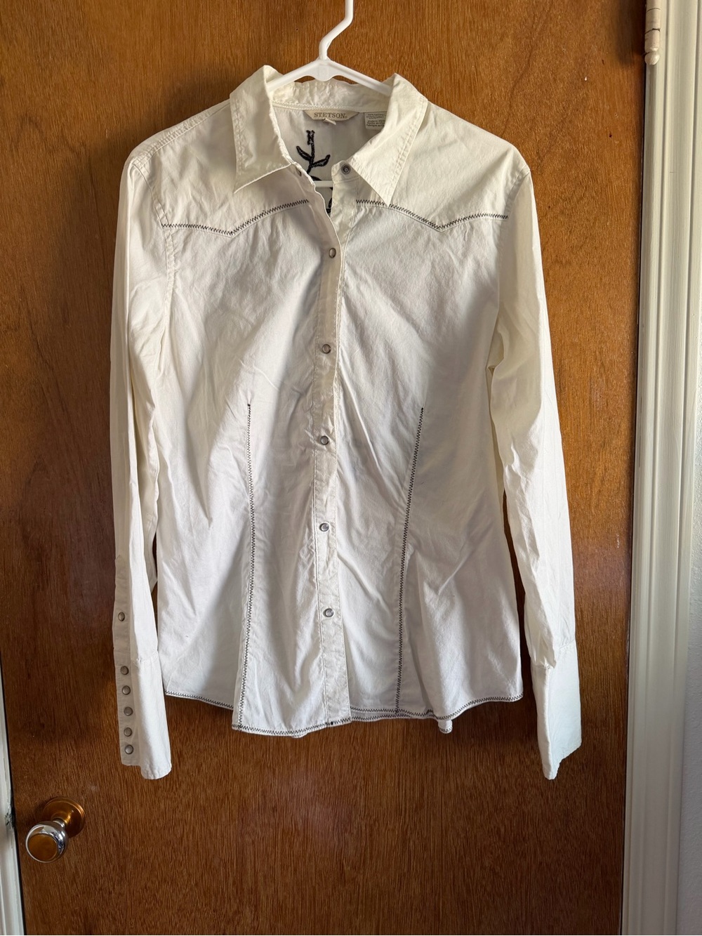 Stetson White Western-Style Pearl Snap Shirt with Contrast Floral Stitching